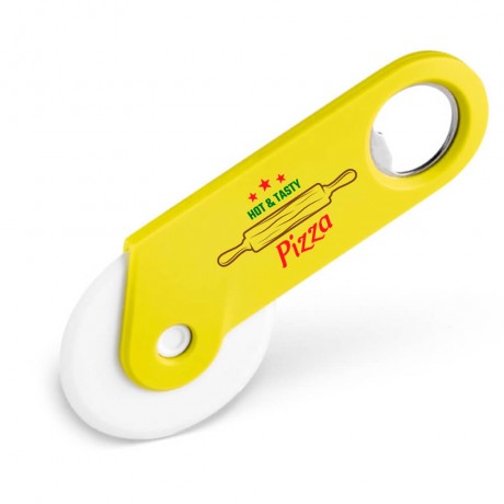 CORTADOR DE PIZZA COM ABRIDOR PERSONALIZADO AMARELO Colorido frente - 10 un.