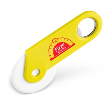 CORTADOR DE PIZZA COM ABRIDOR PERSONALIZADO AMARELO Colorido frente - 50 un.