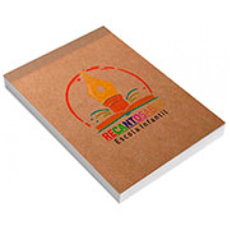 CADERNETA CAPA BROCHURA E COLA MIOLO PERSONALIZADO ABERTURA VERTICAL KRAFT 250G 48 FOLHAS Colorido frente - 100 un.