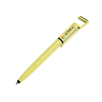 CANETAS IMPRESSÃO COLORIDA ECOLÓGICAS BAMBU MULTIFUNÇÃO SUPORTE DE CELULAR AMARELO Colorido frente - 100 un.