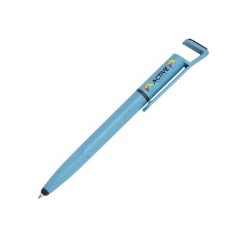 CANETAS IMPRESSÃO COLORIDA ECOLÓGICAS BAMBU MULTIFUNÇÃO SUPORTE DE CELULAR AZUL Colorido frente - 100 un.