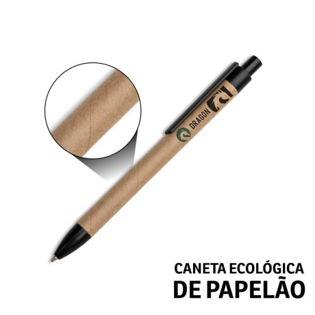 CANETAS IMPRESSÃO COLORIDA ECOLÓGICAS PAPELÃO CLIP DE PLÁSTICO PRETA Colorido frente e verso - 100 un.