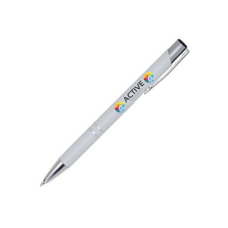 CANETAS IMPRESSÃO COLORIDA LINHA PREMIUM BETA SOFT ACABAMENTO METALIZADO BRANCA Colorido frente - 100 un.