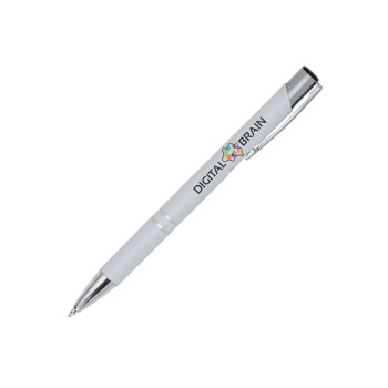 CANETAS IMPRESSÃO COLORIDA LINHA PREMIUM BETA SOFT ACABAMENTO METALIZADO BRANCA Colorido frente e verso - 25 un.