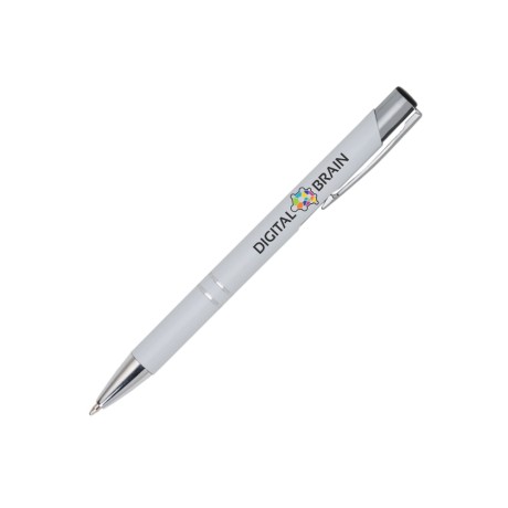 CANETAS IMPRESSÃO COLORIDA LINHA PREMIUM BETA SOFT ACABAMENTO METALIZADO BRANCA Colorido frente e verso - 25 un.