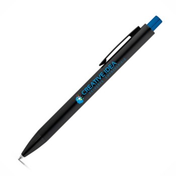 CANETAS IMPRESSÃO COLORIDA LINHA PREMIUM JOAN PRETA COM BOTÃO AZUL ROYAL Colorido frente - 100 un.