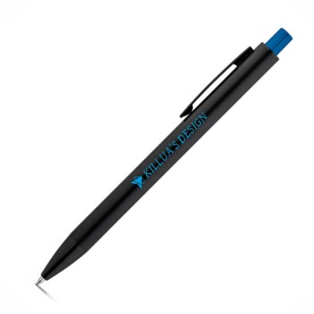 CANETAS IMPRESSÃO COLORIDA LINHA PREMIUM JOAN PRETA COM BOTÃO AZUL ROYAL Colorido frente - 25 un.