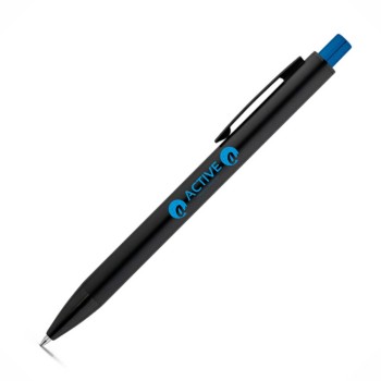CANETAS IMPRESSÃO COLORIDA LINHA PREMIUM JOAN PRETA COM BOTÃO AZUL ROYAL Colorido frente e verso - 50 un.