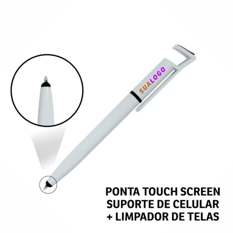 CANETAS IMPRESSÃO COLORIDA PLÁSTICAS MULTIFUNÇÃO SUPORTE DE CELULAR BRANCA Colorido frente e verso - 10 un.