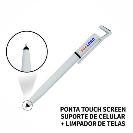 CANETAS IMPRESSÃO COLORIDA PLÁSTICAS MULTIFUNÇÃO SUPORTE DE CELULAR BRANCA Colorido frente e verso - 50 un.