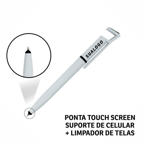 CANETAS IMPRESSÃO COLORIDA PLÁSTICAS MULTIFUNÇÃO SUPORTE DE CELULAR BRANCA Colorido frente e verso - 100 un.