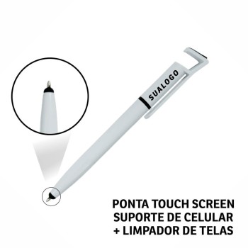 CANETAS IMPRESSÃO COLORIDA PLÁSTICAS MULTIFUNÇÃO SUPORTE DE CELULAR BRANCA Colorido frente e verso - 100 un.