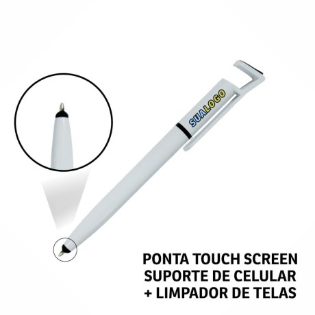 CANETAS IMPRESSÃO COLORIDA PLÁSTICAS MULTIFUNÇÃO SUPORTE DE CELULAR BRANCA Colorido frente e verso - 25 un.