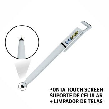 CANETAS IMPRESSÃO COLORIDA PLÁSTICAS MULTIFUNÇÃO SUPORTE DE CELULAR BRANCA Colorido frente e verso - 25 un.