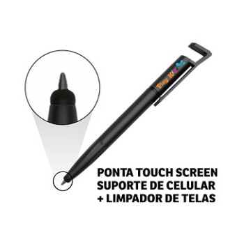 CANETAS IMPRESSÃO COLORIDA PLÁSTICAS MULTIFUNÇÃO SUPORTE DE CELULAR PRETA Colorido frente e verso - 25 un.