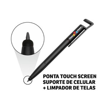 CANETAS IMPRESSÃO COLORIDA PLÁSTICAS MULTIFUNÇÃO SUPORTE DE CELULAR PRETA Colorido frente - 100 un.