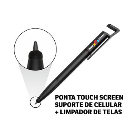 CANETAS IMPRESSÃO COLORIDA PLÁSTICAS MULTIFUNÇÃO SUPORTE DE CELULAR PRETA Colorido frente - 100 un.