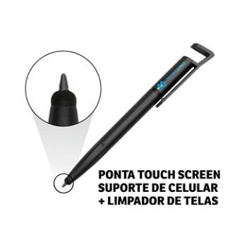 CANETAS IMPRESSÃO COLORIDA PLÁSTICAS MULTIFUNÇÃO SUPORTE DE CELULAR PRETA Colorido frente - 50 un.
