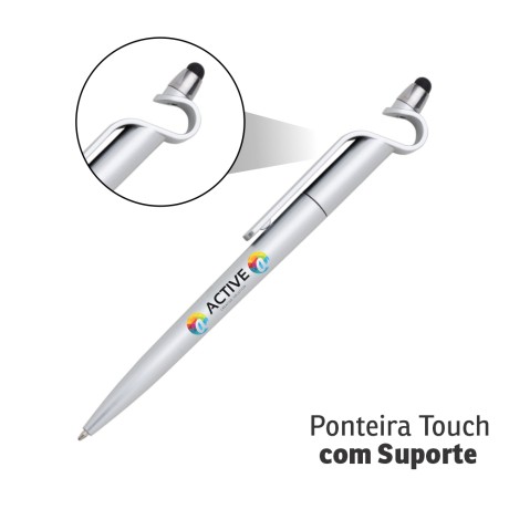 CANETAS IMPRESSÃO COLORIDA PLÁSTICAS MULTIFUNÇÃO SUPORTE E TOUCH PRATA Colorido frente - 100 un.