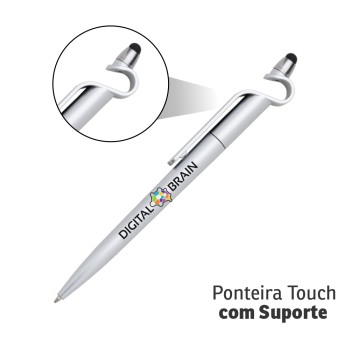 CANETAS IMPRESSÃO COLORIDA PLÁSTICAS MULTIFUNÇÃO SUPORTE E TOUCH PRATA Colorido frente - 25 un.