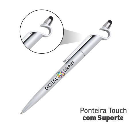 CANETAS IMPRESSÃO COLORIDA PLÁSTICAS MULTIFUNÇÃO SUPORTE E TOUCH PRATA Colorido frente - 25 un.