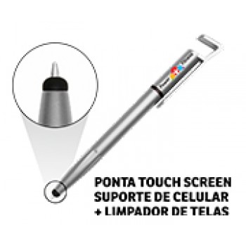 CANETAS PERSONALIZADAS IMPRESSÃO COLORIDA PLÁSTICAS MULTIFUNÇÃO SUPORTE DE CELULAR PRATA Colorido frente - 50 un.