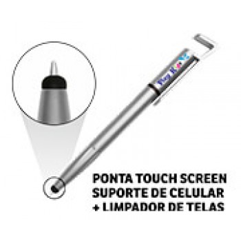CANETAS PERSONALIZADAS IMPRESSÃO COLORIDA PLÁSTICAS MULTIFUNÇÃO SUPORTE DE CELULAR PRATA Colorido frente e verso - 25 un.