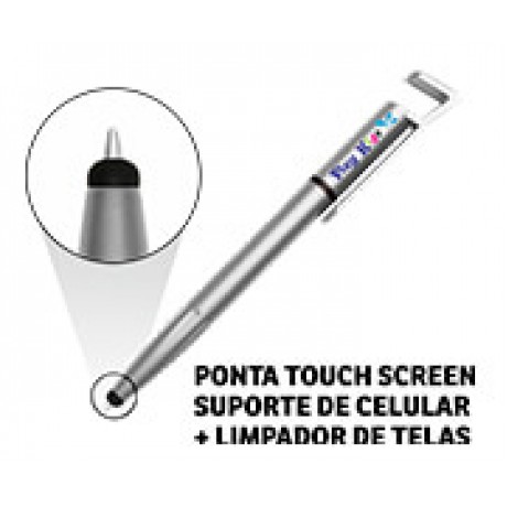 CANETAS PERSONALIZADAS IMPRESSÃO COLORIDA PLÁSTICAS MULTIFUNÇÃO SUPORTE DE CELULAR PRATA Colorido frente e verso - 25 un.