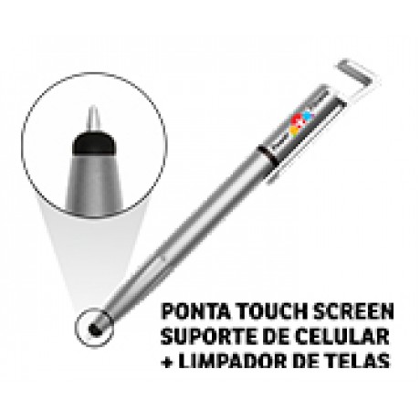 CANETAS PERSONALIZADAS IMPRESSÃO COLORIDA PLÁSTICAS MULTIFUNÇÃO SUPORTE DE CELULAR PRATA Colorido frente e verso - 50 un.