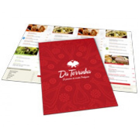 CARDÁPIOS 4 PÁGINAS COM DOBRA COUCHÊ 275G 330X480MM Colorido frente e verso - 24 un.