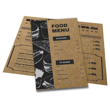 CARDÁPIOS 4 PÁGINAS COM DOBRA KRAFT 250G 480X330MM Preto e branco frente e verso - 100 un.