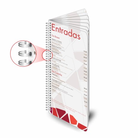 CARDÁPIOS CARDÁPIOS PERSONALIZADOS WIRE O 16 PÁGINAS PLÁSTICO COMPACTO 0,05MM 105X300MM Colorido frente e verso - 8 un.