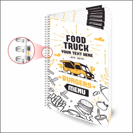 CARDÁPIOS CARDÁPIOS PERSONALIZADOS WIRE O 16 PÁGINAS PLÁSTICO COMPACTO 0,05MM 150X210MM Colorido frente e verso - 20 un.