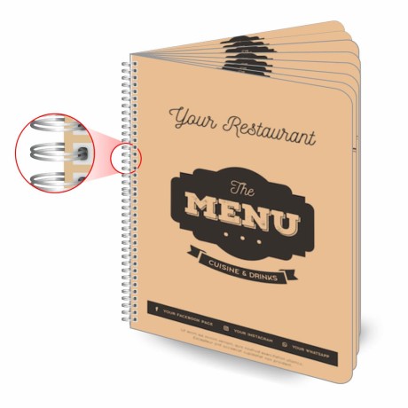 CARDÁPIOS CARDÁPIOS PERSONALIZADOS WIRE O 16 PÁGINAS PLÁSTICO COMPACTO 0,05MM 210X300MM Colorido frente e verso - 24 un.