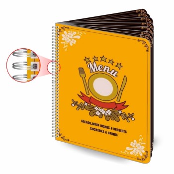 CARDÁPIOS CARDÁPIOS PERSONALIZADOS WIRE O 16 PÁGINAS PLÁSTICO COMPACTO 0,05MM 210X300MM Colorido frente e verso - 6 un.