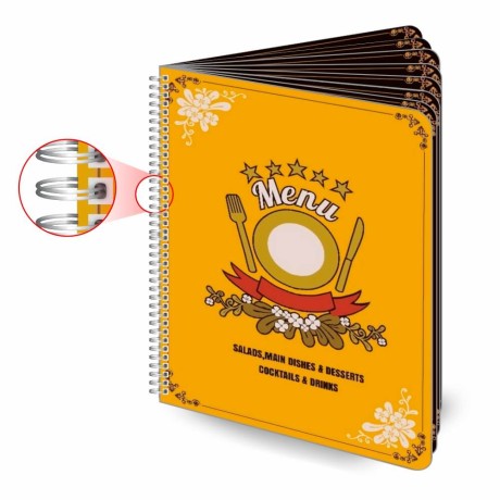 CARDÁPIOS CARDÁPIOS PERSONALIZADOS WIRE O 16 PÁGINAS PLÁSTICO COMPACTO 0,05MM 210X300MM Colorido frente e verso - 6 un.