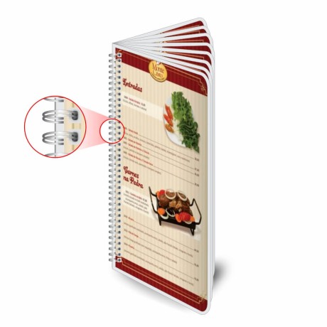 CARDÁPIOS CARDÁPIOS PERSONALIZADOS WIRE O 16 PÁGINAS PLASTIFICAÇÃO RÍGIDA 0,10MM COUCHÊ 150G Colorido frente e verso - 4 un.