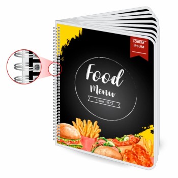 CARDÁPIOS CARDÁPIOS PERSONALIZADOS WIRE O 16 PÁGINAS PLASTIFICAÇÃO RÍGIDA 0,10MM COUCHÊ 150G Colorido frente e verso - 5 un.