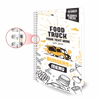 CARDÁPIOS CARDÁPIOS PERSONALIZADOS WIRE O 6 PÁGINAS PLÁSTICO COMPACTO 0,05MM 150X210MM Colorido frente e verso - 20 un.