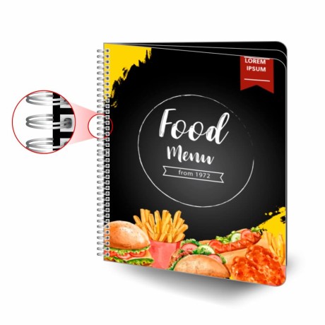 CARDÁPIOS CARDÁPIOS PERSONALIZADOS WIRE O 6 PÁGINAS PLÁSTICO COMPACTO 0,05MM 210X300MM Colorido frente e verso - 12 un.