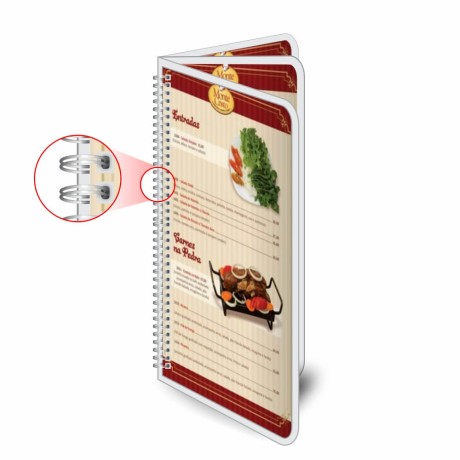 CARDÁPIOS CARDÁPIOS PERSONALIZADOS WIRE O 6 PÁGINAS PLASTIFICAÇÃO RÍGIDA 0,10MM COUCHÊ 150G Colorido frente e verso - 12 un.