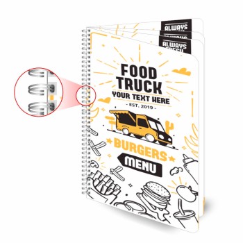 CARDÁPIOS CARDÁPIOS PERSONALIZADOS WIRE O 8 PÁGINAS PLÁSTICO COMPACTO 0,05MM 150X210MM Colorido frente e verso - 1 un.