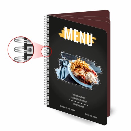 CARDÁPIOS CARDÁPIOS PERSONALIZADOS WIRE O 8 PÁGINAS PLÁSTICO COMPACTO 0,05MM 150X210MM Colorido frente e verso - 5 un.