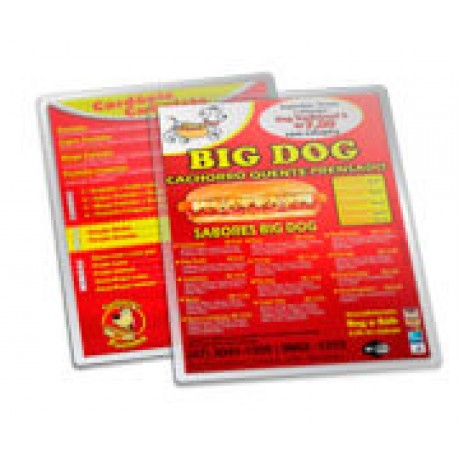 CARDÁPIOS PLASTIFICADOS PLASTIFICAÇÃO RÍGIDA 0,10MM 210X300MM Colorido frente e verso - 100 un.