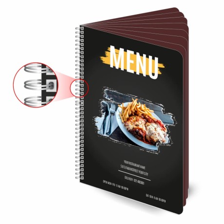 CARDÁPIOS WIRE O 16 PÁGINAS PVC PREMIUM 0,50MM 150X210MM Colorido frente e verso - 12 un.