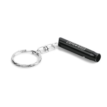 ABRIDORES E CHAVEIROS CHAVEIRO GRAVAÇÃO A LASER ALUMÍNIO COM APITO PRETO Preto e branco frente - 10 un.