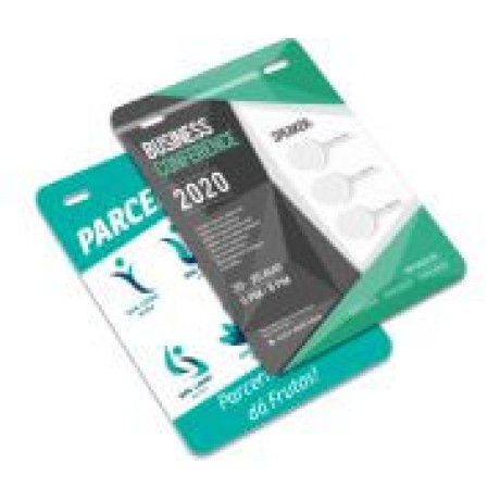 CREDENCIAIS COUCHÊ 300G VERNIZ UV TOTAL FRENTE SEM CORDÃO E SEM CLIP JACARÉ PARA EVENTOS 100X148MM Colorido frente e verso - 250 un.