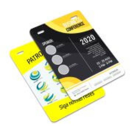 CREDENCIAIS COUCHÊ 300G VERNIZ UV TOTAL FRENTE SEM CORDÃO E SEM CLIP JACARÉ PARA EVENTOS 100X148MM Colorido frente e verso - 1000 un.