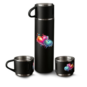 GARRAFAS E SQUEEZES KIT GARRAFA TÉRMICA COM 3 XÍCARAS COM DTF UV PRETA Colorido frente - 1 un.
