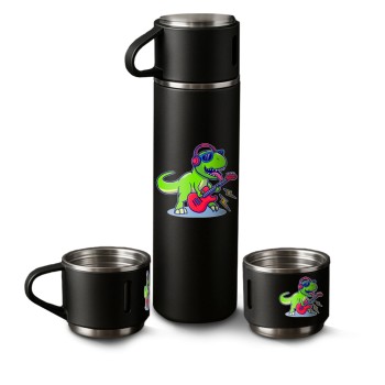 GARRAFAS E SQUEEZES KIT GARRAFA TÉRMICA COM 3 XÍCARAS COM DTF UV PRETA Colorido frente - 10 un.